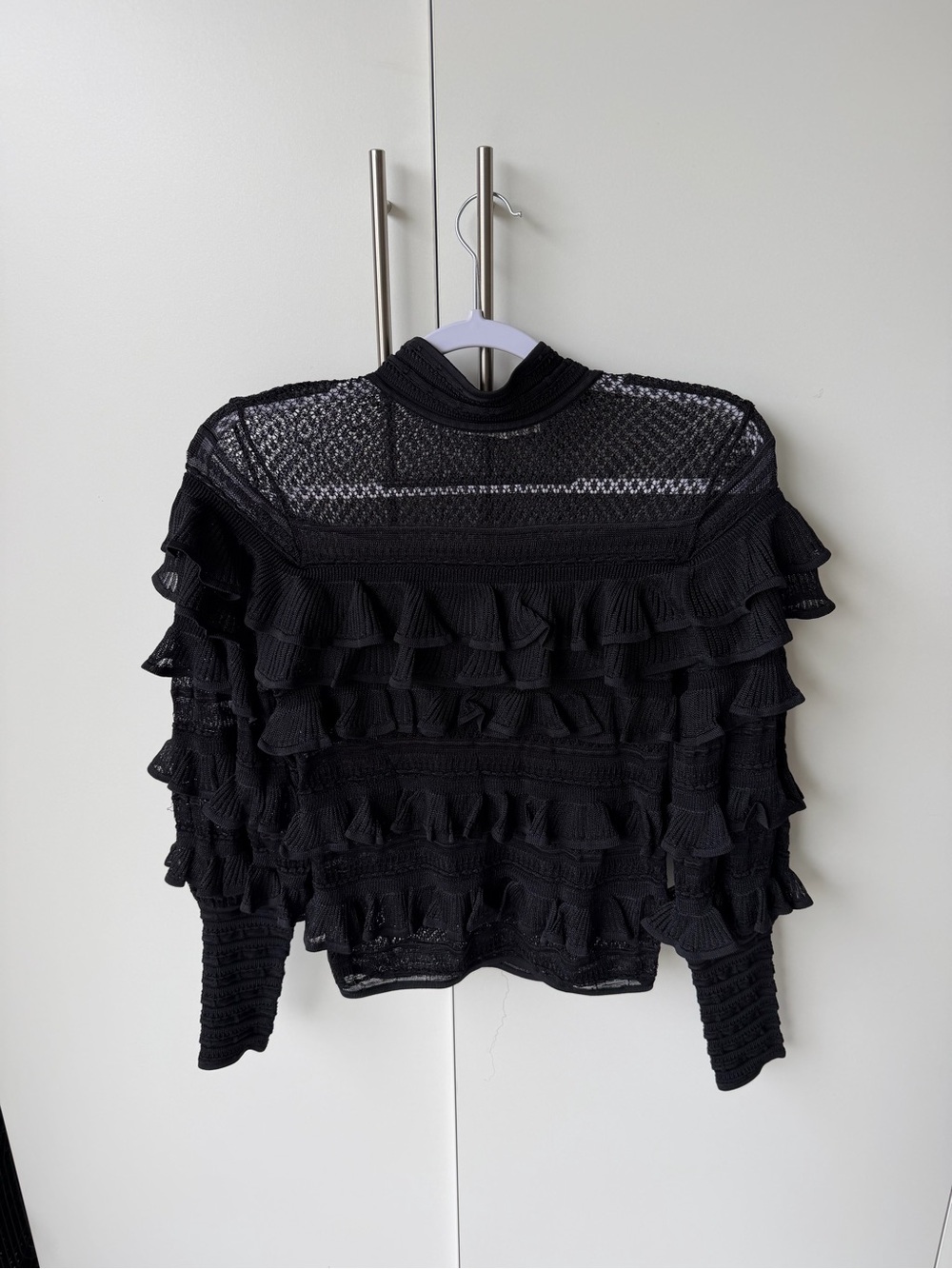 Zimmermann knit VALIANT FRILLed sweater top in black, worn 1x